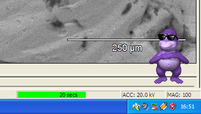 Cropped Windows XP screenshot with a bonzi buddy chilling on top of a micrograph scale and progress indicator.